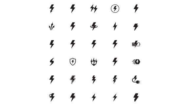 Collection of various lightning bolt and electrical charging icons for power energy symbol.