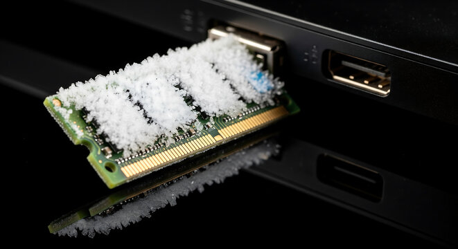 Close-up of a frozen computer RAM module connected to a laptop port, ideal for data loss prevention, cybersecurity concepts, and tech innovation visuals