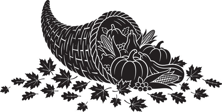 Thanksgiving harvest festival cornucopia vector for autumn holiday restaurant menus and local farmers market marketing campaigns