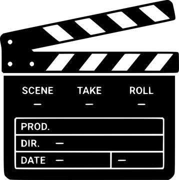Minimalist black and white film clapperboard symbol icon in flat vector design style isolated on white background
