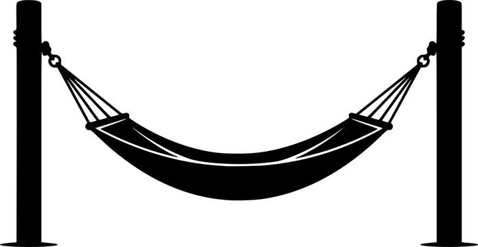 Minimalist flat vector silhouette of hanging hammock between two wooden posts isolated on white background
