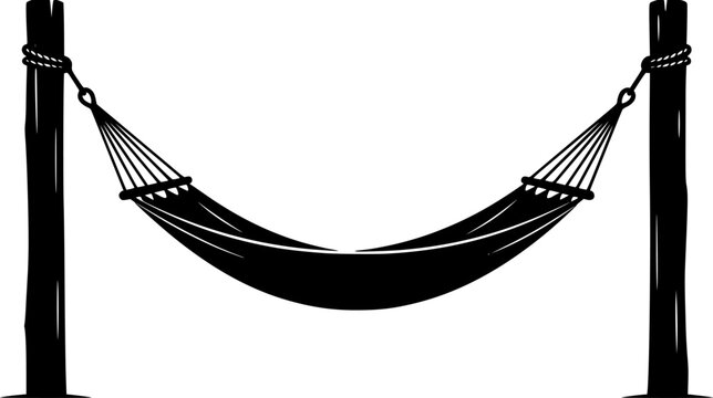 Minimalist flat vector silhouette of hanging hammock between two wooden posts isolated on white background
