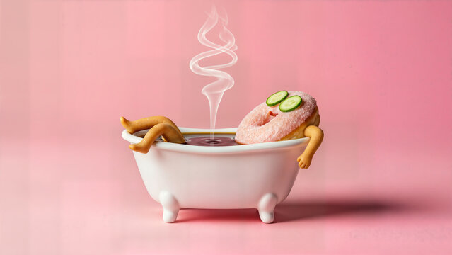 Whimsical donut character relaxing in bathtub with coffee spa treatment and cucumber slices eyes steam rising against pink background fun concept.