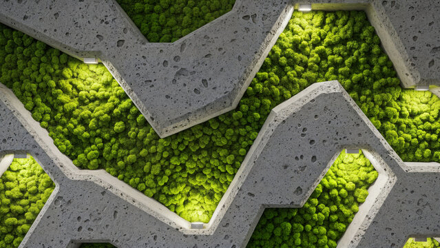 Modern interior design with textured concrete geometric panels integrated with vibrant green moss wall creating organic and architectural fusion.