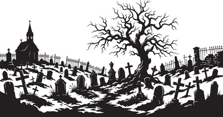 Obraz premium Spooky graveyard silhouette background for Halloween party promotional banners, autumn horror event invitations, and scary seasonal theatrical backdrops