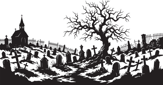 Spooky graveyard silhouette background for Halloween party promotional banners, autumn horror event invitations, and scary seasonal theatrical backdrops