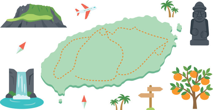 Jeju Island Travel Map Vector Illustration Set with Landmark Route, Seongsan Ilchulbong Mountain, Waterfall, Dol Hareubang Statue, Airplane, and Tangerine Tree Elements