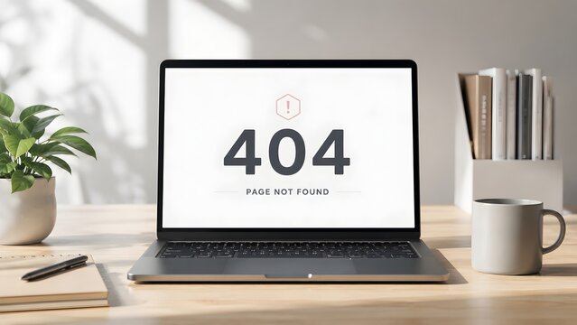 Website error 404 page not found displayed on a laptop screen on a wooden desk symbolizing technical issues and broken links