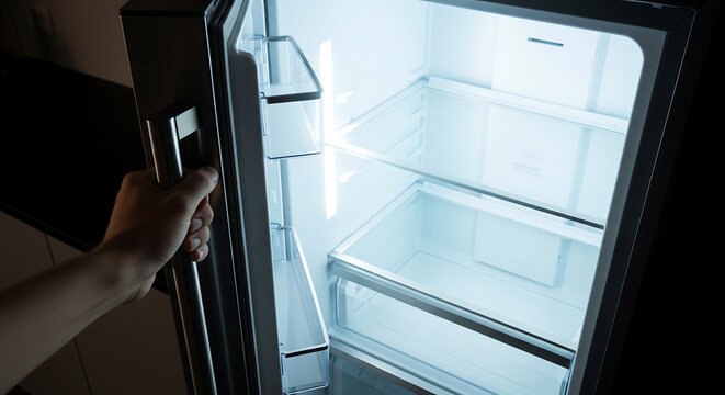 Dramatic shot of a hand opening an empty fridge with bright internal lighting, suitable for food waste, food shortages and dieting concepts