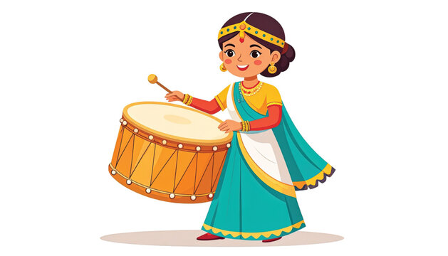 Young Indian Woman Playing Drum Energetically.
