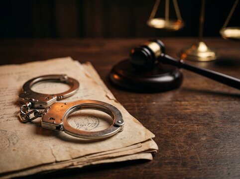 Close Up Handcuffs on Legal Documents with Judge Gavel in Dark Courtroom Crime Investigation Concept