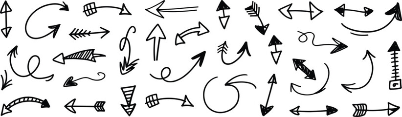 Fototapeta premium Assortment of Doodle Style Arrows and Pointers in Black and White sketch hand drawn