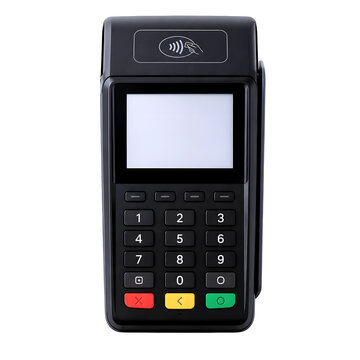 Electronic payment credit card reader isolated on transparent background wall.