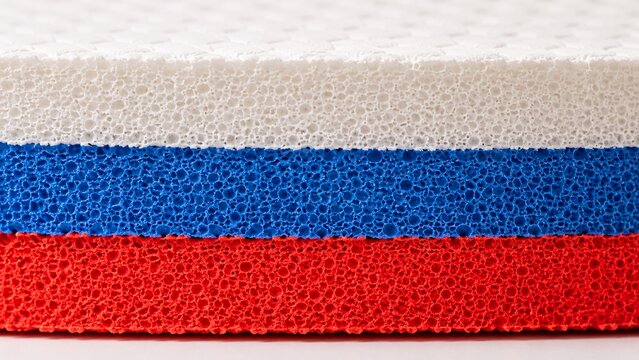 Extreme macro texture close-up of layered blue, white, and red EVA foam used for flip flop soles