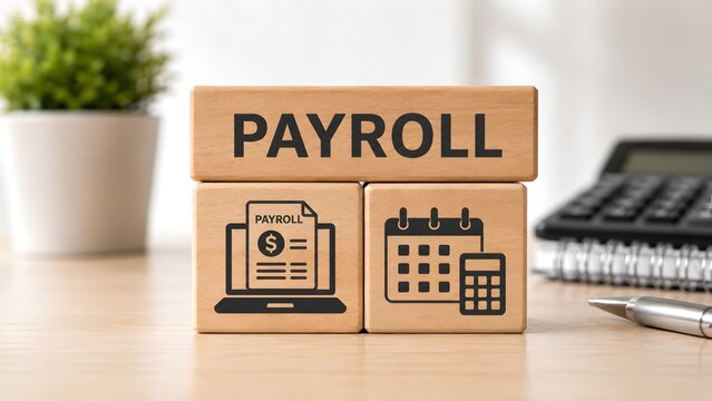 Employee payroll accounting and financial calculation concept featuring payment administration blocks and a calculator