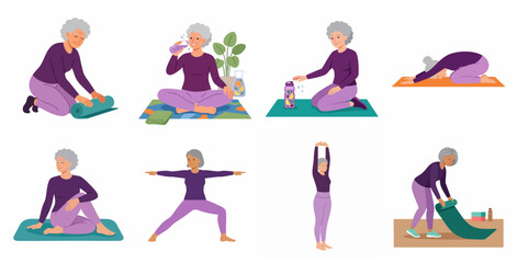 Obraz premium Active Senior Women Practicing Yoga and Fitness Exercises Set of Vector Illustrations