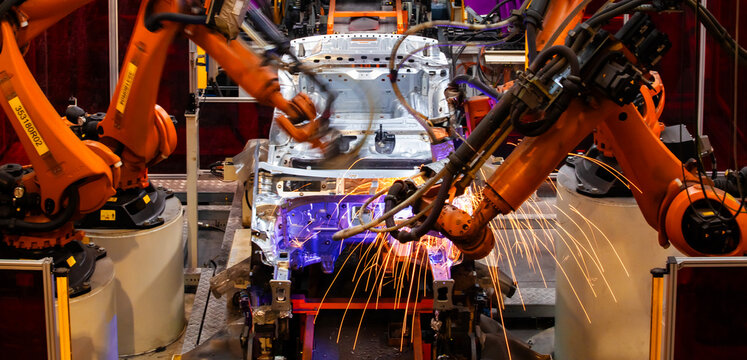 Robotic arms at an auto factory are welding car bodies.