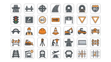 Fototapeta premium Comprehensive road infrastructure and transportation icon set featuring construction equipment traffic signs and public transit symbols in a modern minimalist flat design style for urban planning