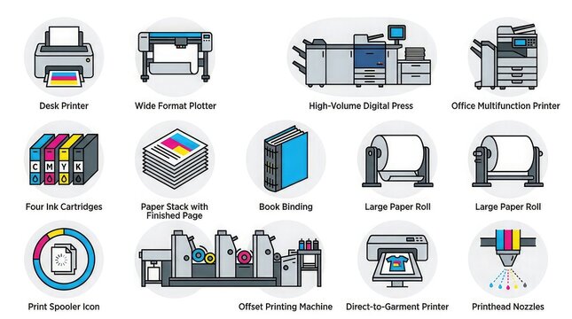 Set of professional printing technology icons featuring various industrial machines digital presses and ink supplies for commercial use in graphic design