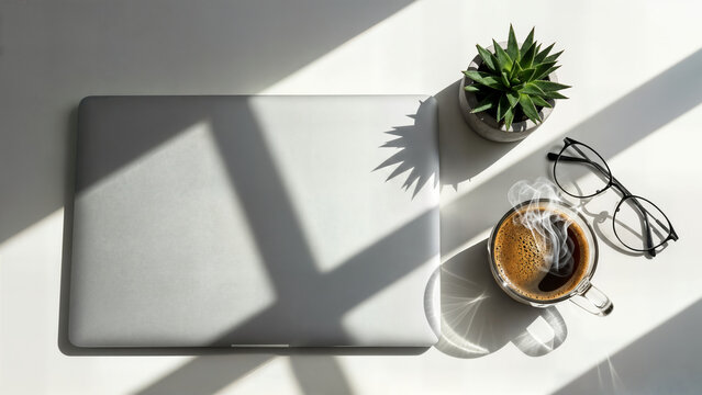 Modern laptop computer and steaming cup of coffee on white desk bathed in sunlight, spectacles nearby, creative workspace inspiration, work from home.