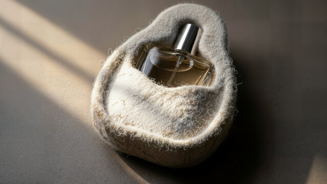 Luxurious perfume bottle nestled in soft felt pouch, bathed in warm sunlight casting shadows, elegant vanity accessory, high-end fragrance presentation.
