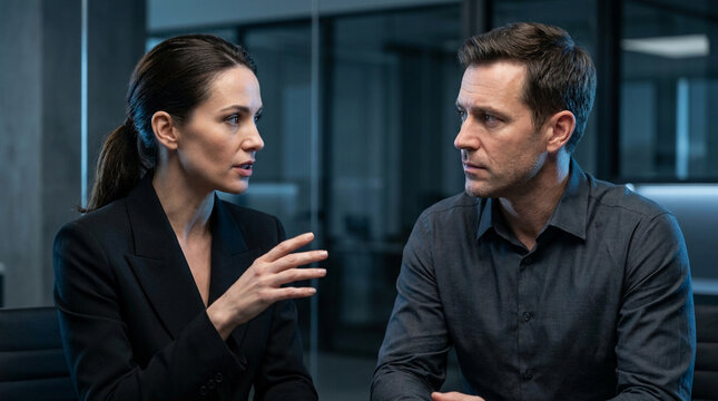Two professionals in deep conversation in a modern office setting