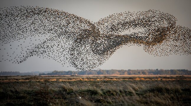 Stunning murmuration of starlings flying over a field at dusk.