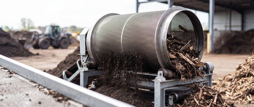 Compost screening trommel machine separating wood chips and soil at industrial recycling facility