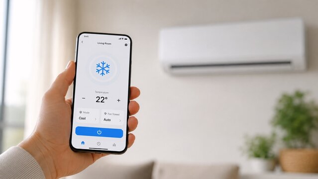 Hand holding a smartphone using a smart home app interface to control the room's air conditioner temperature