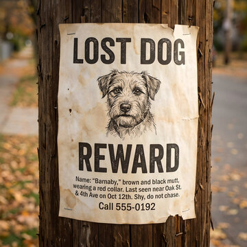 Lost dog poster with reward on telephone pole