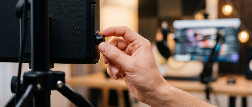 Adjusting studio light knob in home video recording and livestream content setup