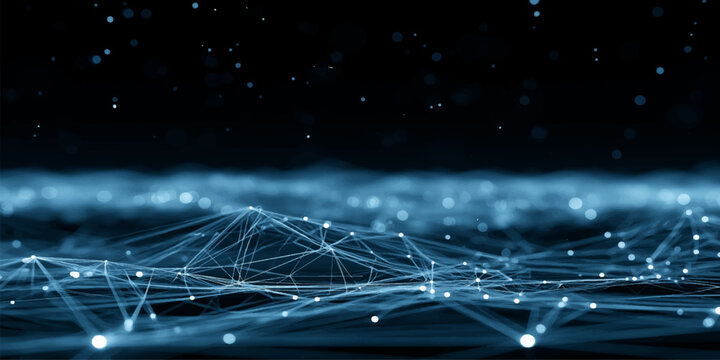 Abstract Spider Web with Dew Drops and Glowing Blue Digital Network Pattern Futuristic Technology Communication Wave Energy Background Wallpaper Design Illustration