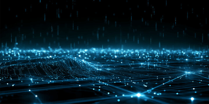 Abstract Blue Binary Code Technology Background with Glowing Digital Energy Waves Futuristic Data Flow Starfield and Scientific Motion Light Design Wallpaper
