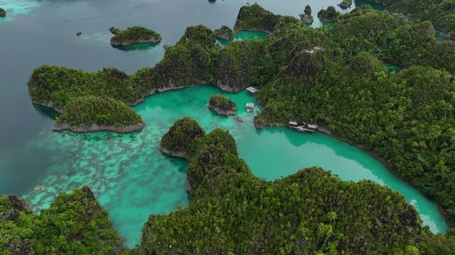 Aerial drone footage moving  over the iconic limestone karst islands of Piaynemo , Raja Ampat, Indonesia. Stunning panoramic view of turquoise lagoons, emerald waters, and dramatic tropical island