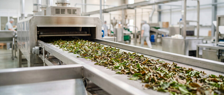 Tea leaf processing on industrial conveyor belt in modern food production factory