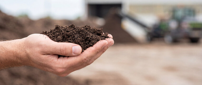 Hands holding rich organic compost soil over agricultural site for gardening and sustainable farming