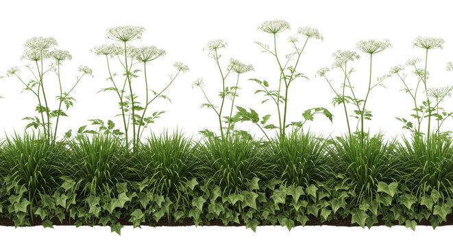 lush photorealistic strip of emerald grass and white queen anne's lace wildflowers, detailed with dew drops, isolated on a transparent background for compositing. concept for digital archviz asset