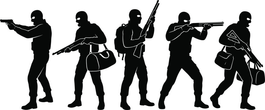 Bank robber silhouettes, armed criminal terrorists wearing balaclava masks holding shotguns, isolated illegal mafia gangster theft design elements