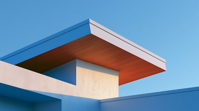 Modern Minimalist Building Exterior with Wooden Soffit Against Blue Sky