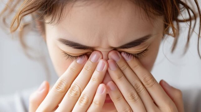 Close-up of young woman pressing fingers against nose bridge and closed eyes. Sinus pain, migraine, headache, eye strain, allergy symptoms and health problem concept.