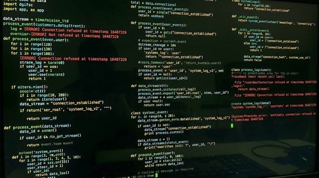 Glowing computer code on dark screen, Close-up