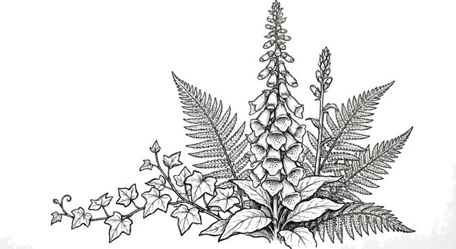 Botanical illustration, black and white, ferns and flowers, plant bundle, vector graphics
