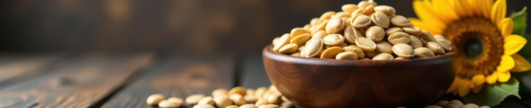 Dark wooden bowl filled with plump sunflower seeds , background, still life