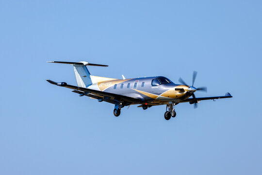 Luqa, Malta - June 26, 2026: Alpha Aviation Pilatus PC-12 NGX (Reg.: OK-CER) performing a midfield landing on runway 31.