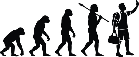 Human evolution silhouette, monkey to modern man taking selfie with smartphone, prehistoric caveman holding spear, development concept © MstSumi