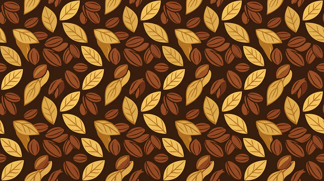 Seamless pattern with coffee beans and leaves on a dark brown background