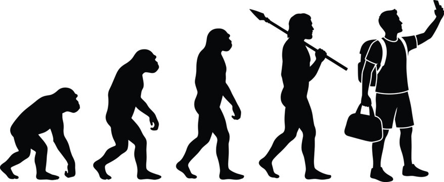 Human evolution silhouette, monkey to modern man taking selfie with smartphone, prehistoric caveman holding spear, development concept