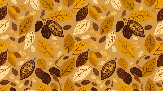 Seamless pattern with cocoa beans and leaves in autumn colors