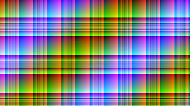 Vibrant abstract plaid pattern with a gradient of rainbow colors and a textured effect.
