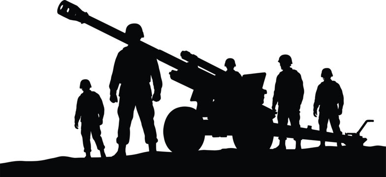 Military soldiers with artillery cannon silhouette, army team operating howitzer gun, field warfare weapon isolated on white background